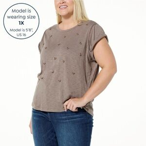 Democracy Brown Embellished Jewel/Pearl Roll Cuff Cap Short Sleeve Knit Top